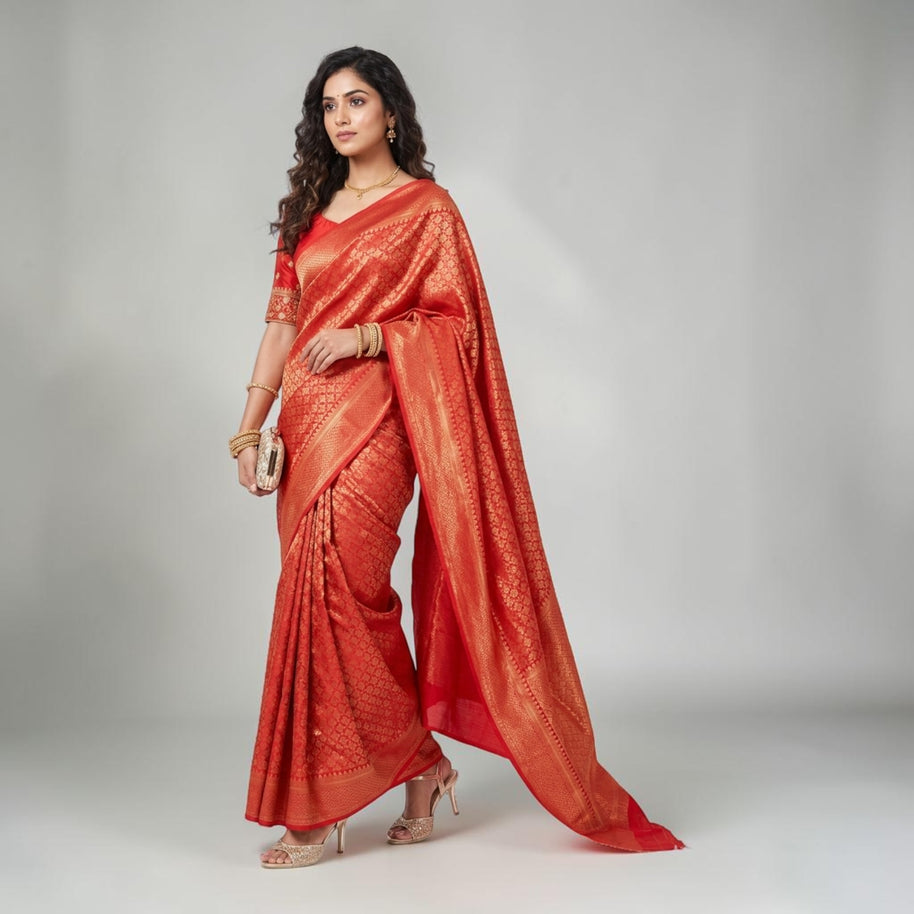 Red Golden Zari Work Silk Saree