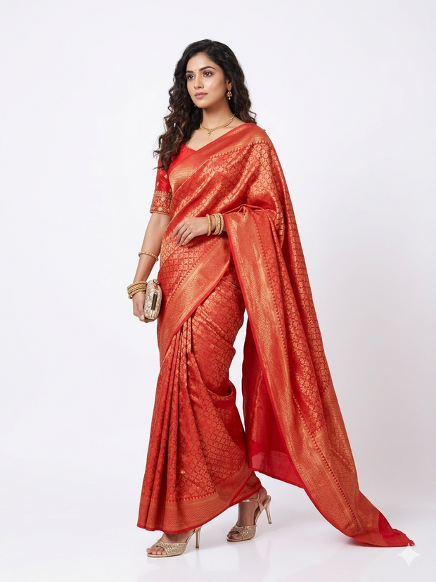 Red Golden Zari Work Silk Saree