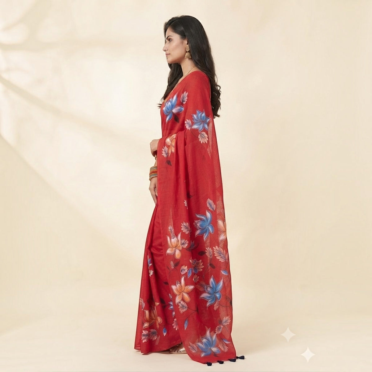 Red Handpainted Cotton Saree