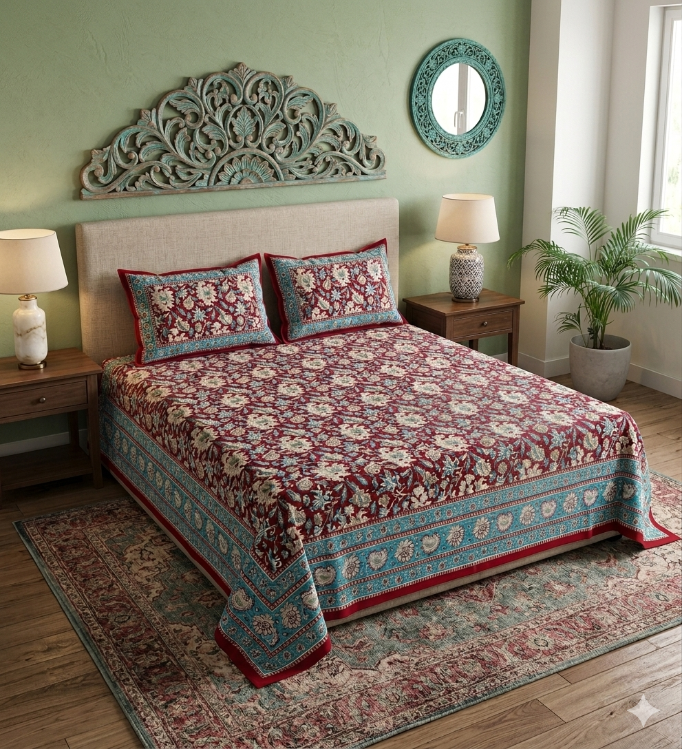 Maroon White Handblock Print Double Bedsheet