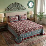 Maroon White Handblock Print Double Bedsheet