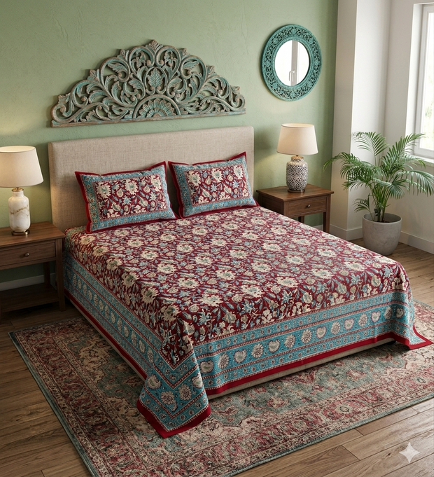 Maroon White Handblock Print Double Bedsheet