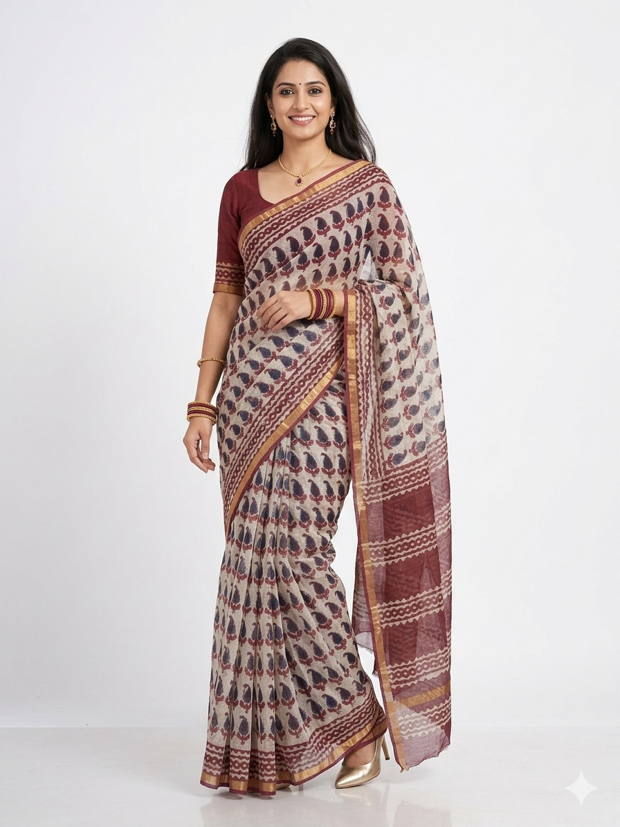 Offwhite Maroon Handblock Kota Cotton Saree
