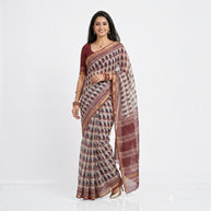 Offwhite Maroon Handblock Kota Cotton Saree