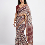 Offwhite Maroon Handblock Kota Cotton Saree