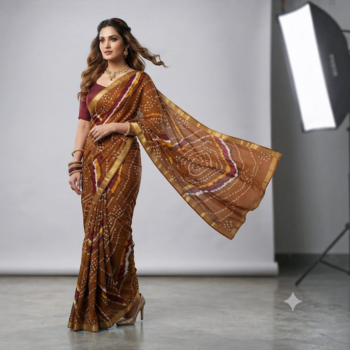 Brown Bandhej Cotton Saree