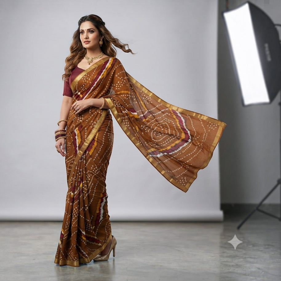 Brown Bandhej Cotton Saree