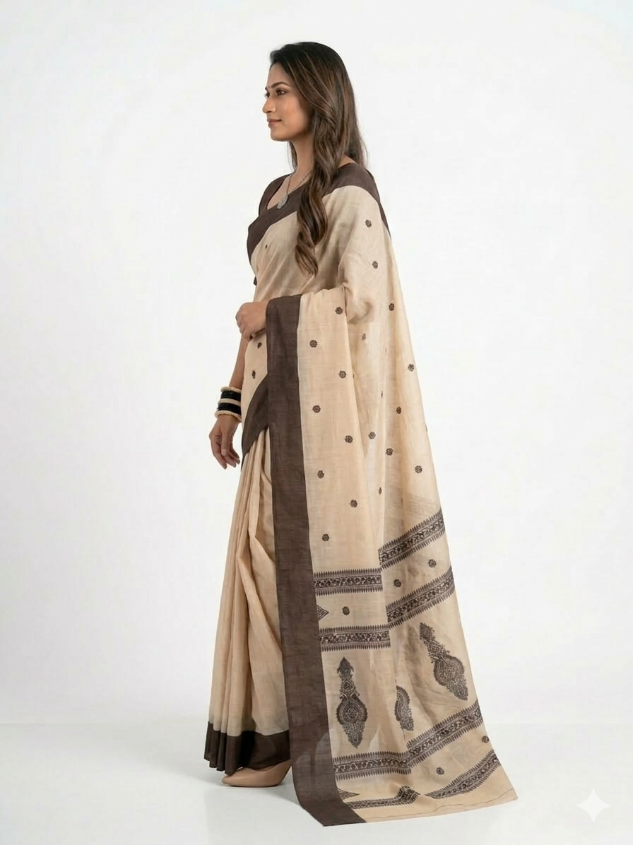 Cream Black Cotton Saree