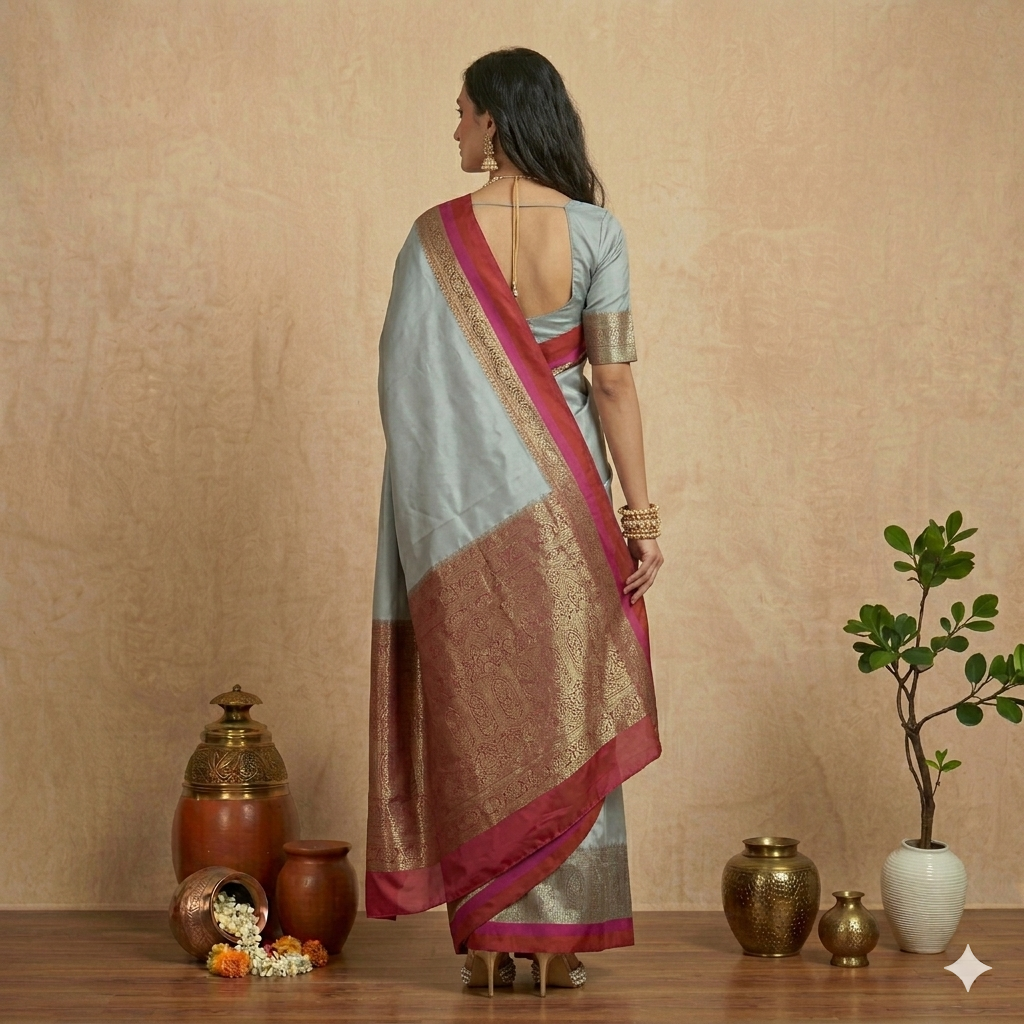 Grey Red Mota Border Silk