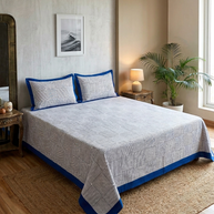 White Navy Blue Stripe Handblock Print Double Bedsheet