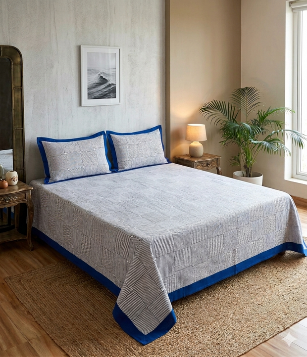 White Navy Blue Stripe Handblock Print Double Bedsheet
