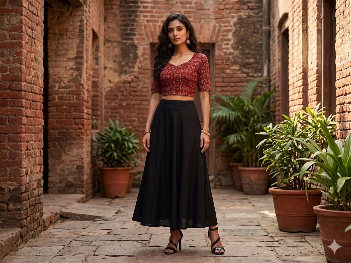 Maroon Black Handblock Cotton Blouse