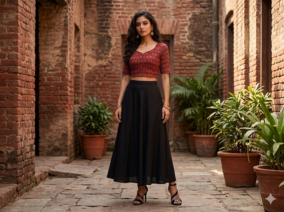 Maroon Black Handblock Cotton Blouse