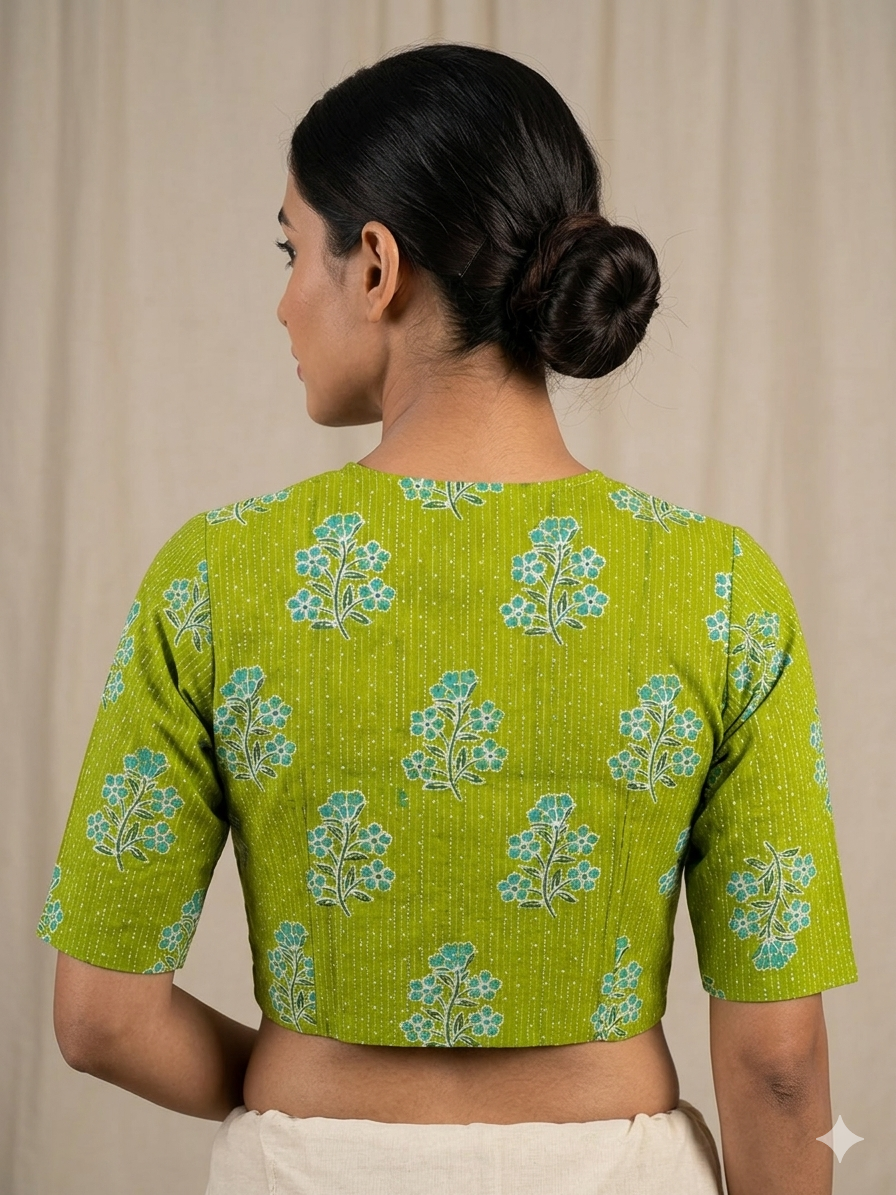 Green Floral Handblock Print Cotton Blouse