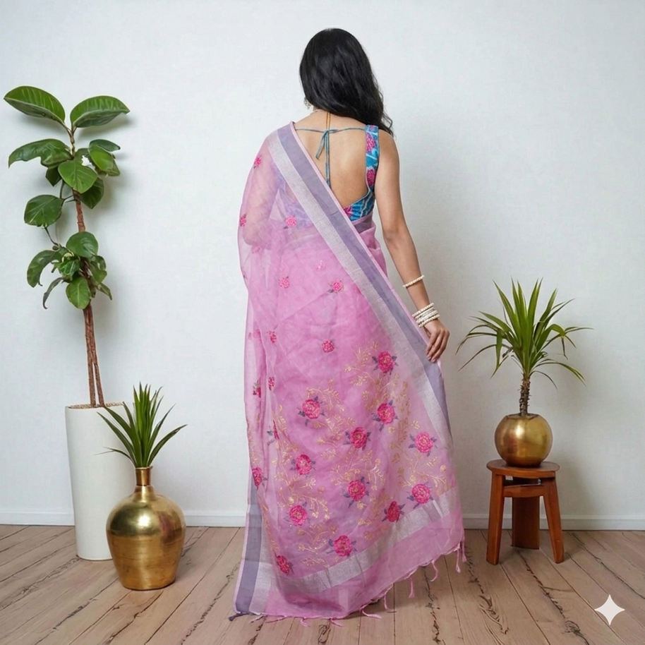 Pink Embroidery Kota Cotton Saree