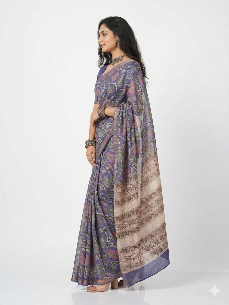Purple Handblock Maheswari Silk Saree