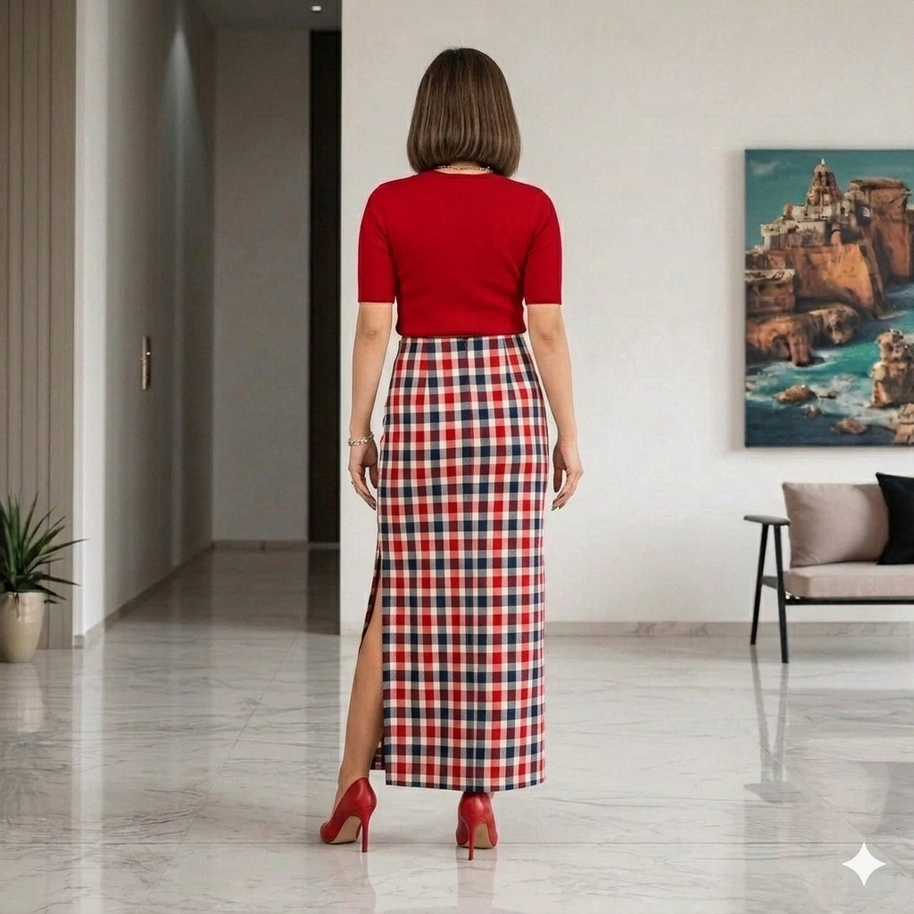 White Red Check Handwoven Ikat Cotton Long Skirt