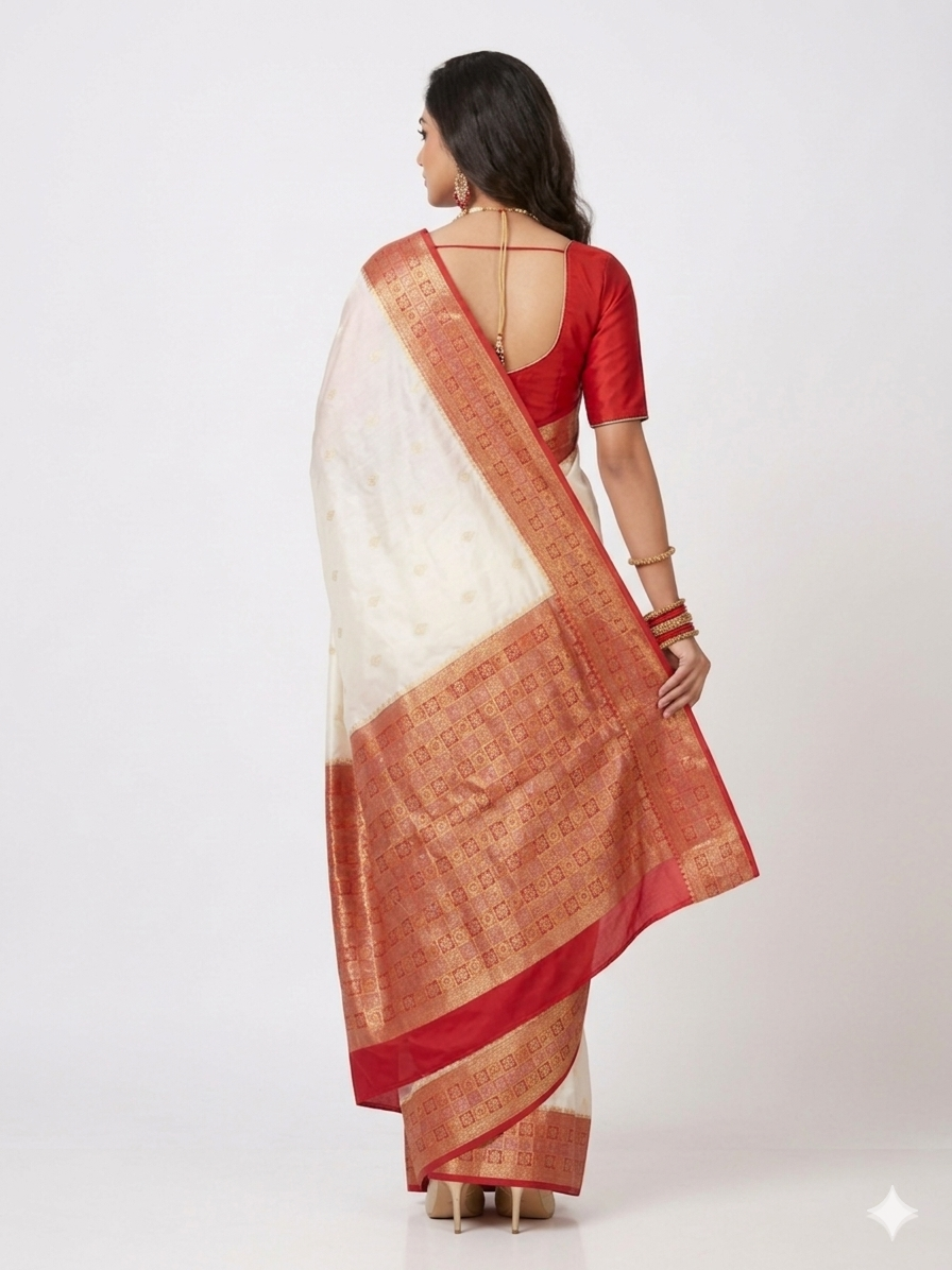 Cream Red Zari Work Silk Saree