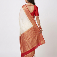 Cream Red Zari Work Silk Saree