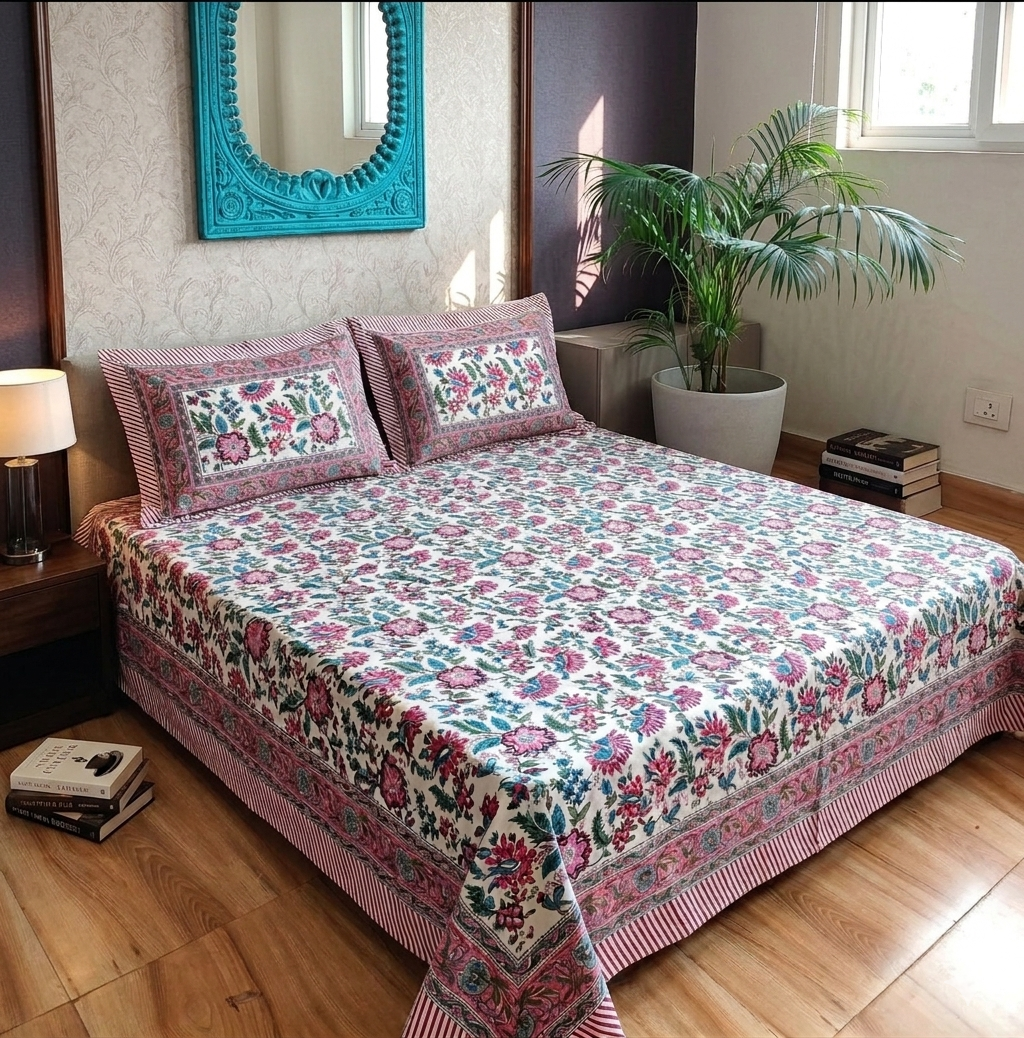 White Pink Green Handblock Print Double Bedsheet