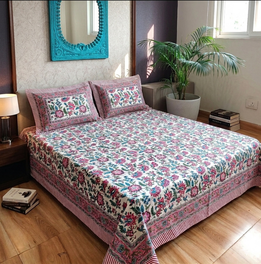 White Pink Green Handblock Print Double Bedsheet