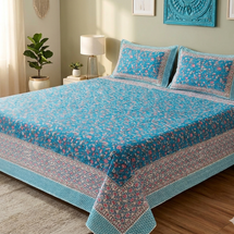 Blue Pink Handblock Print Double Bedsheet