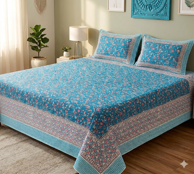 Blue Pink Handblock Print Double Bedsheet
