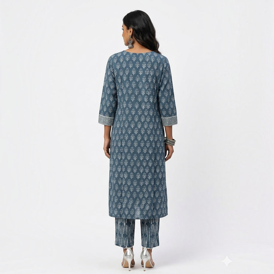 Blue Handblock Cotton Kurta & Pant