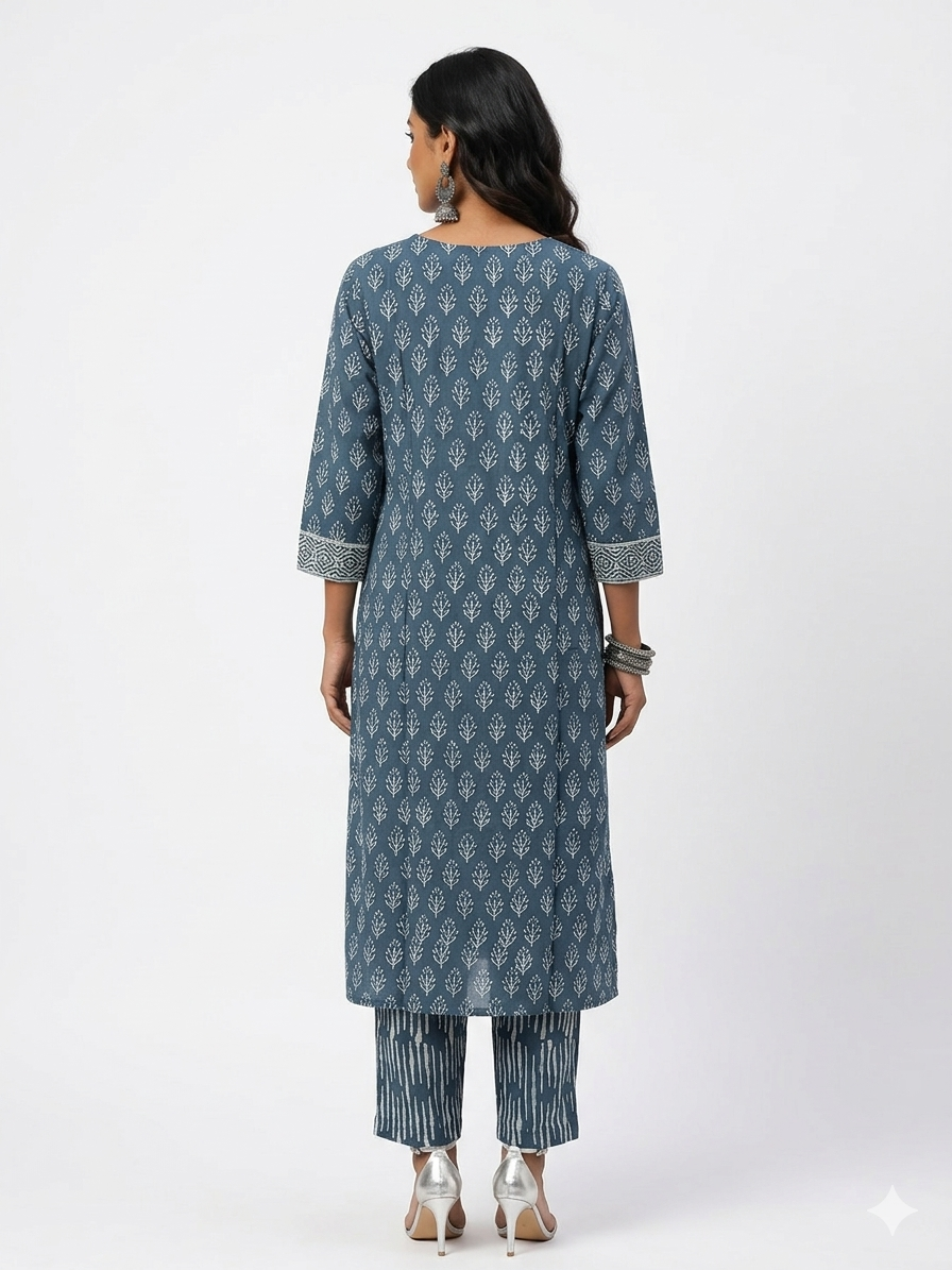 Blue Handblock Cotton Kurta & Pant