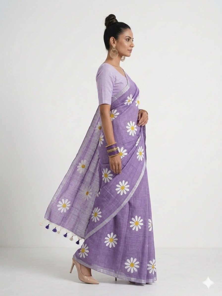 Lavender Bloom Handprinted Cotton Saree