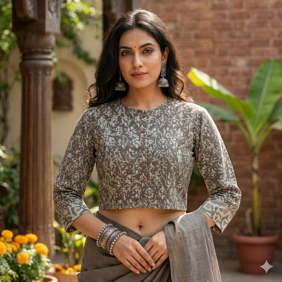 Dark Grey Handblock Cotton Blouse