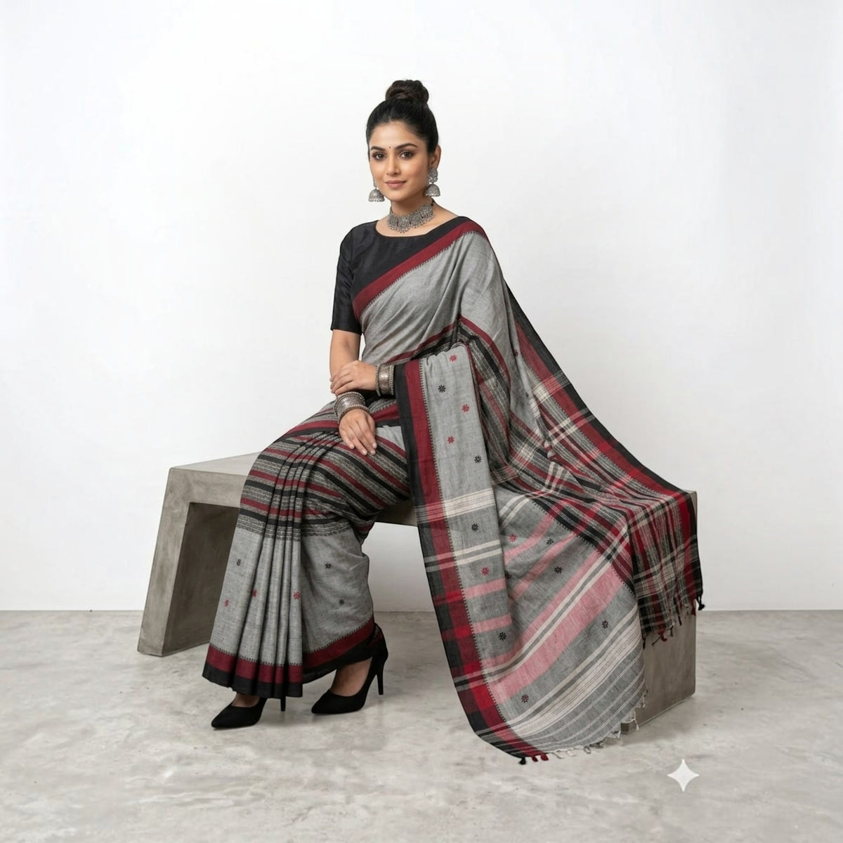 Grey Black Stripe Handwoven Cotton Saree
