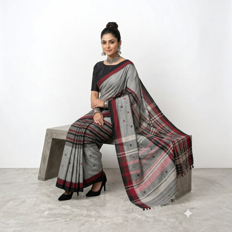 Grey Black Stripe Handwoven Cotton Saree