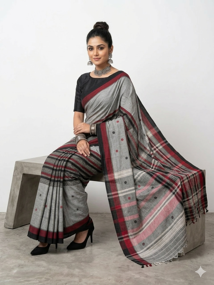 Grey Black Stripe Handwoven Cotton Saree