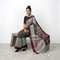 Grey Black Stripe Handwoven Cotton Saree