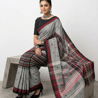 Grey Black Stripe Handwoven Cotton Saree
