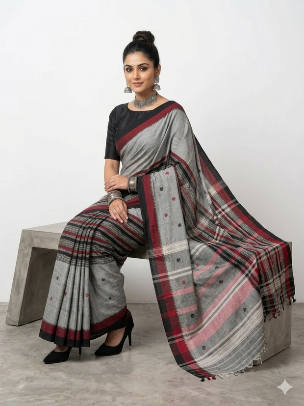 Grey Black Stripe Handwoven Cotton Saree