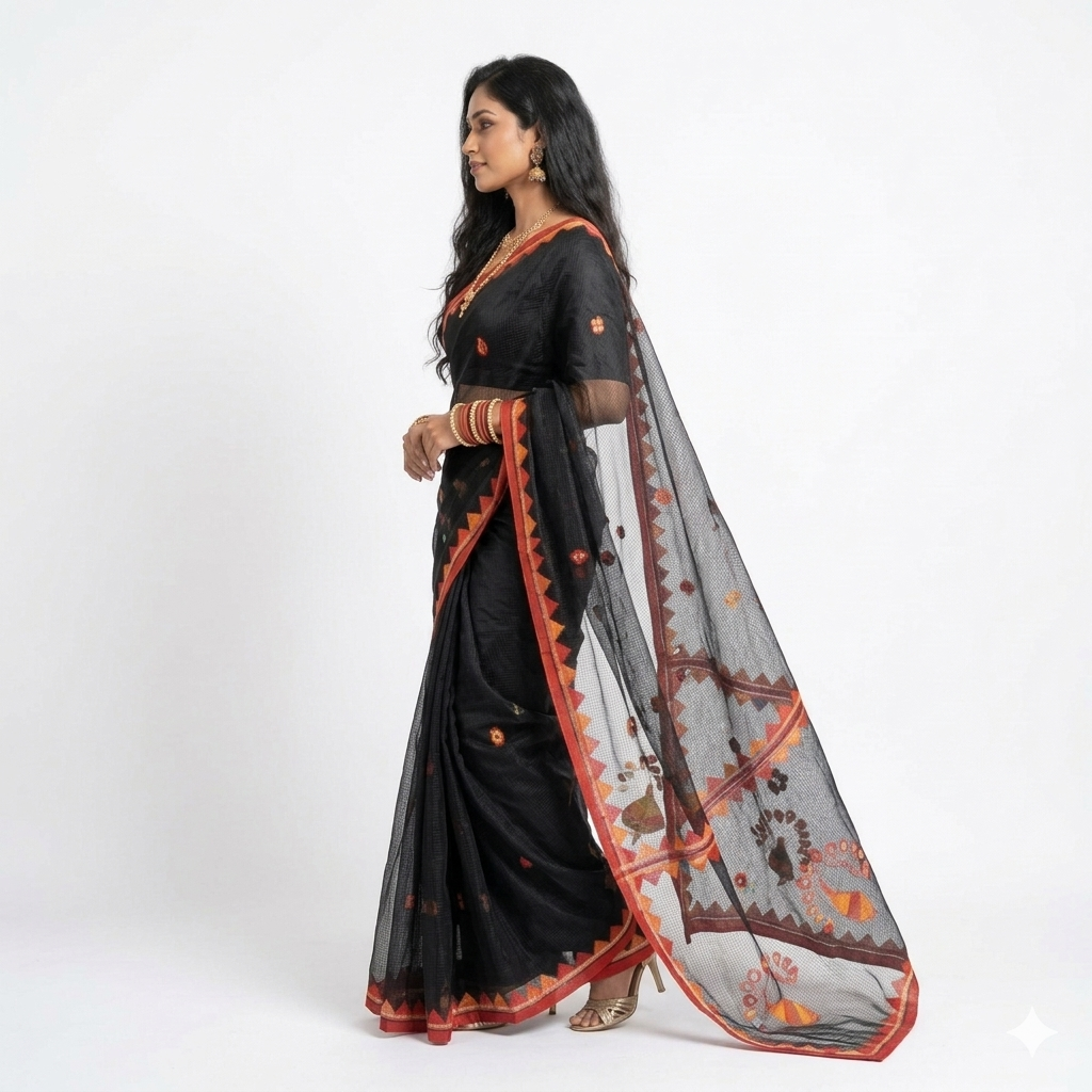 Black Red Applique Kota Cotton Saree