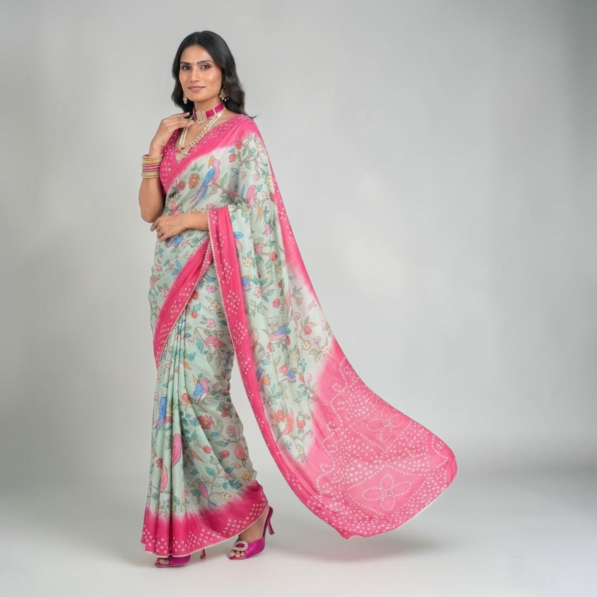 Green Kalmakari Bandhani Makhmali Silk Saree