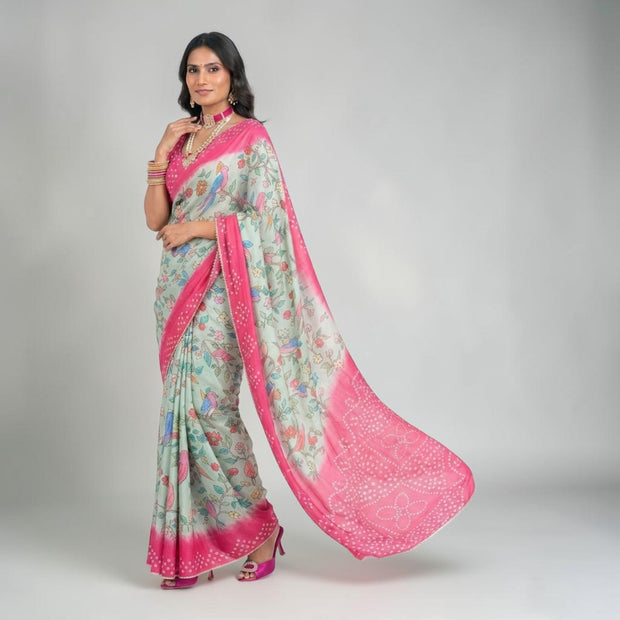 Green Kalmakari Bandhani Makhmali Silk Saree