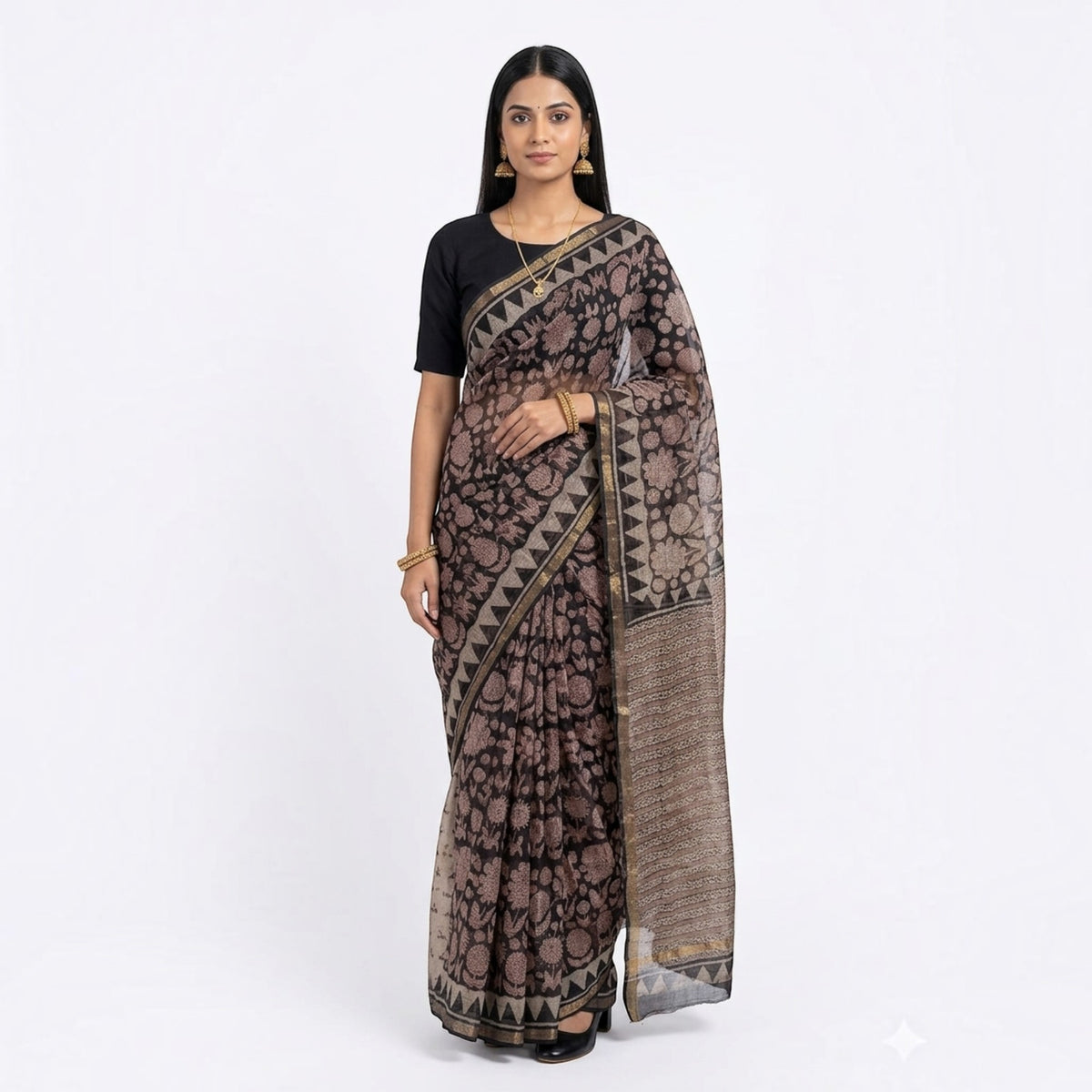 Black Floral Handblock Kota Cotton Saree