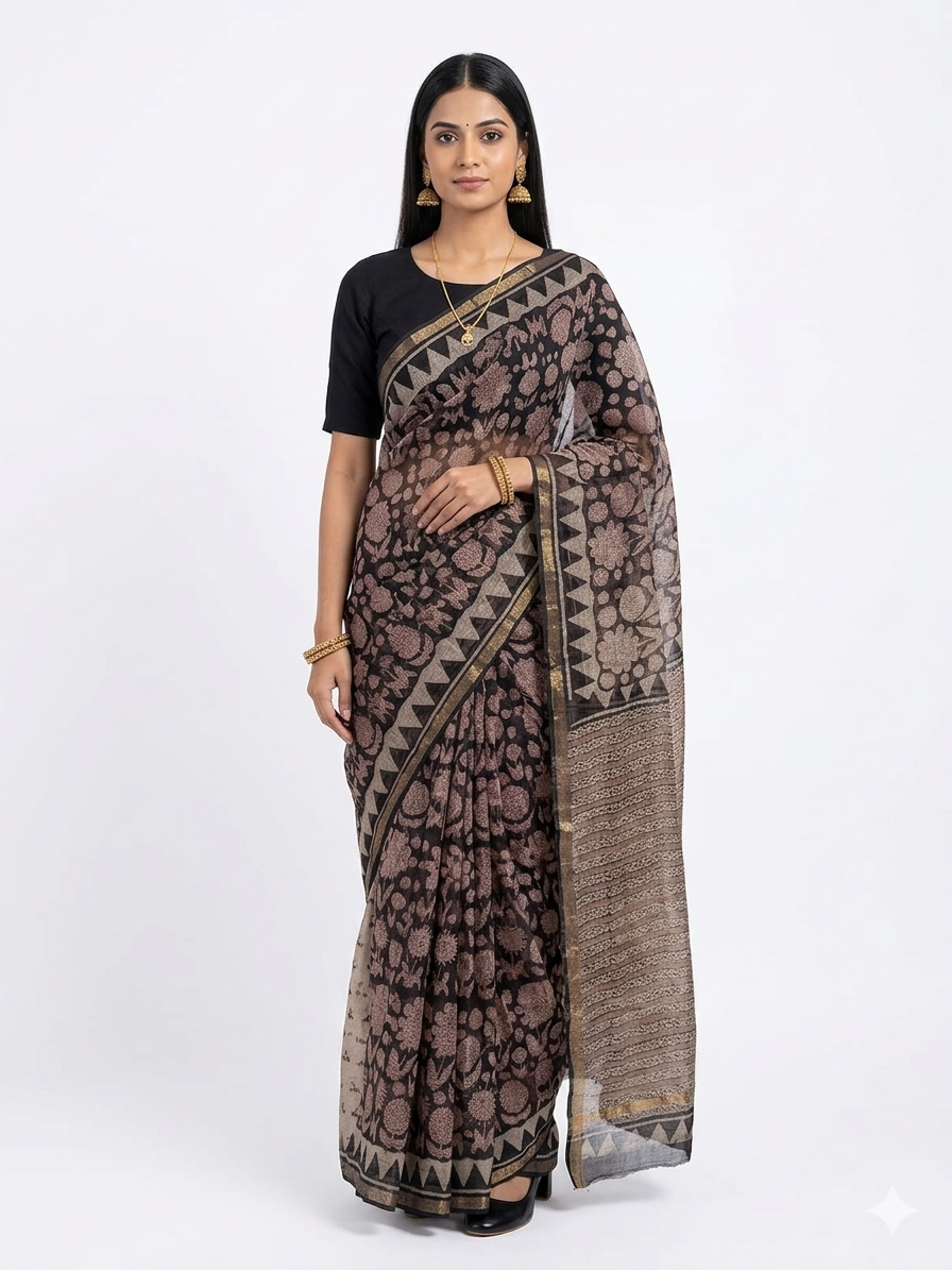 Black Floral Handblock Kota Cotton Saree