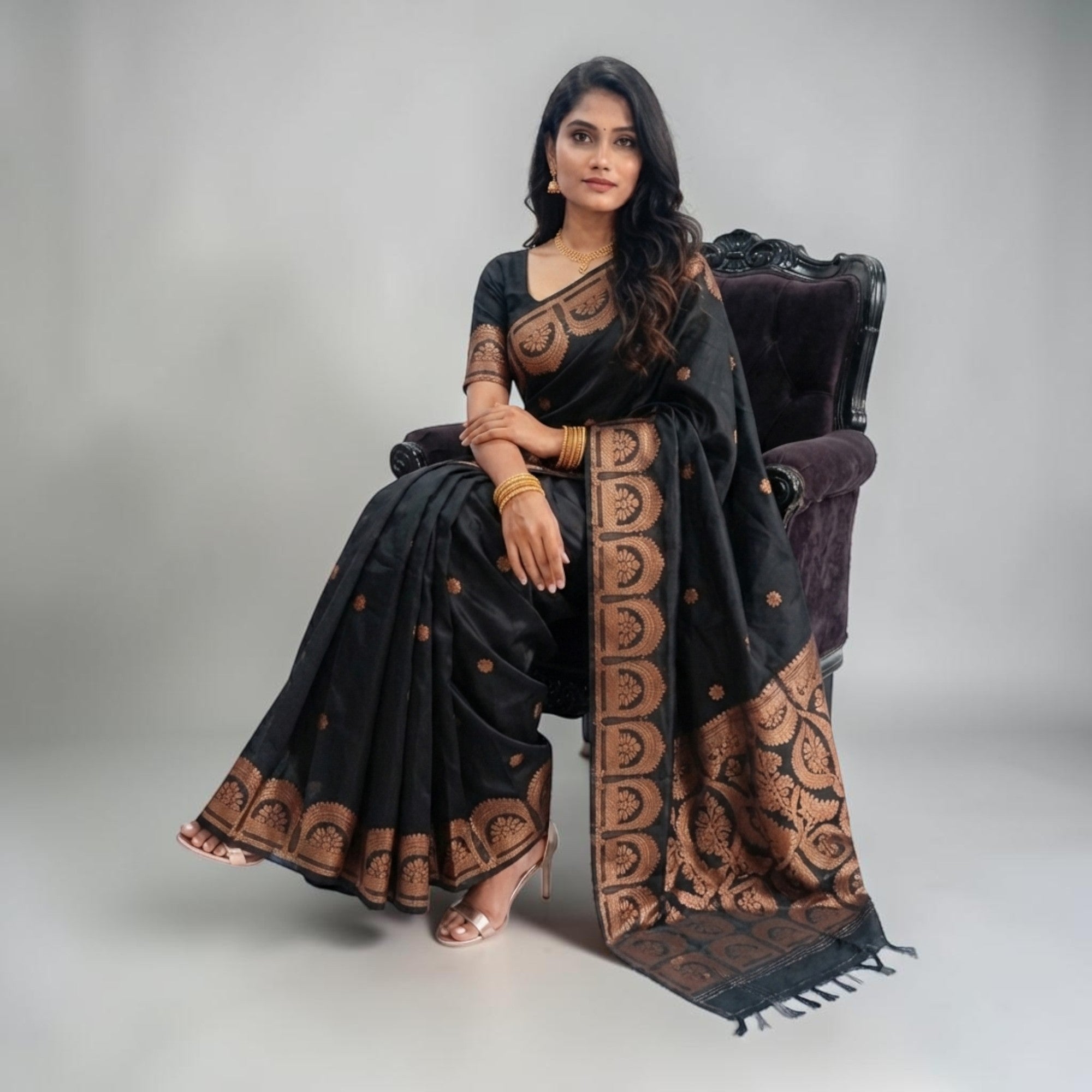 Black Golden Zari Work Silk Saree
