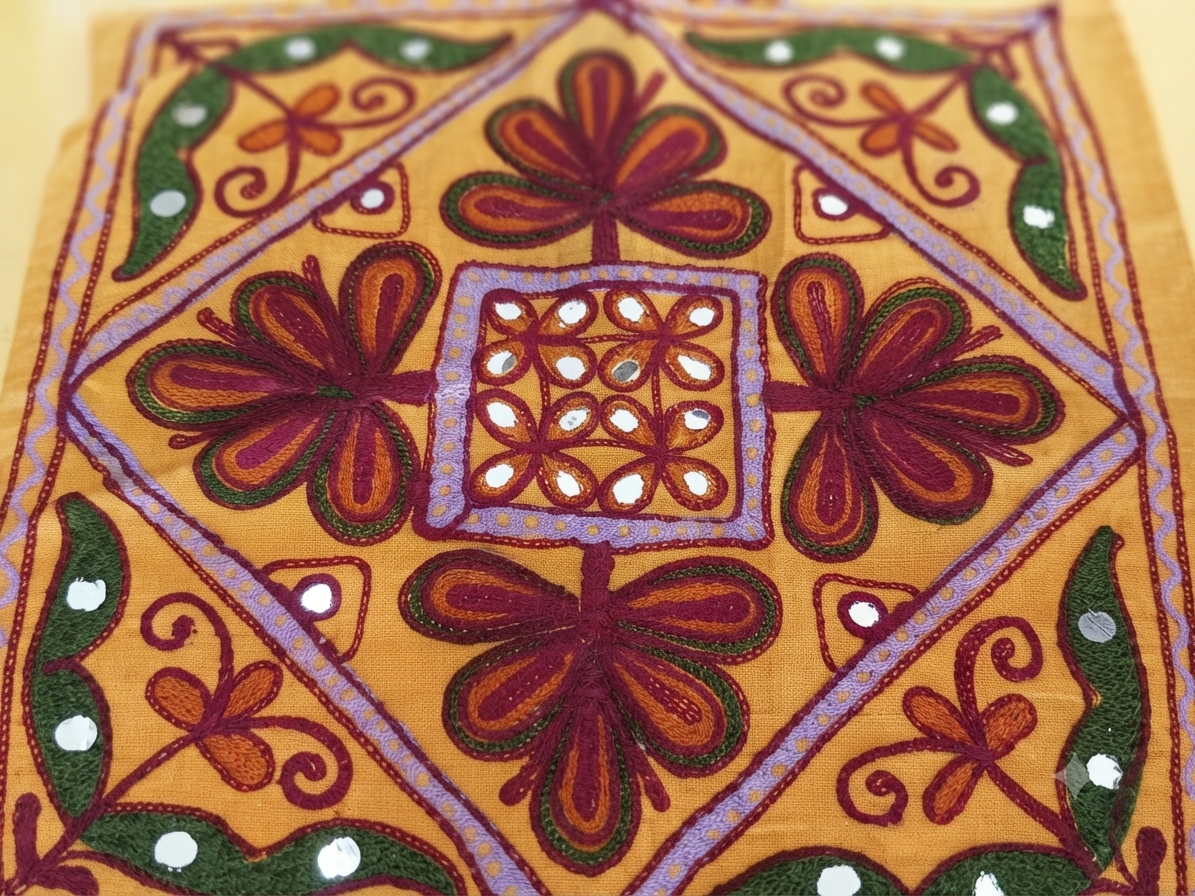 Orange Gujarati folk embroidery Cotton Cushion