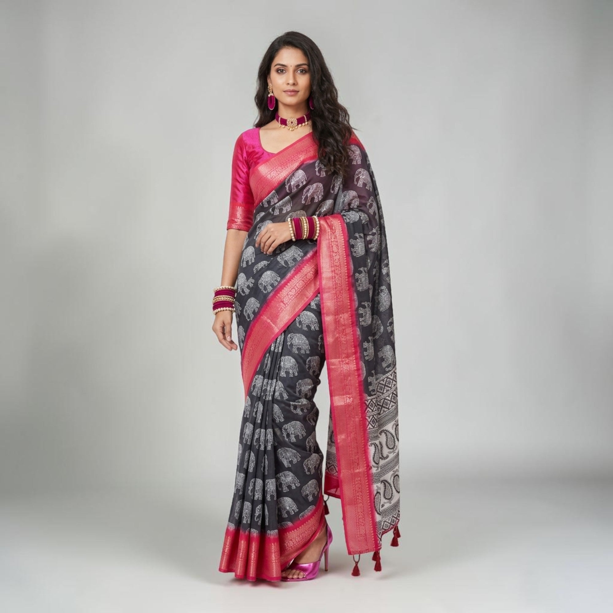 Black Soft Litchi Silk Saree