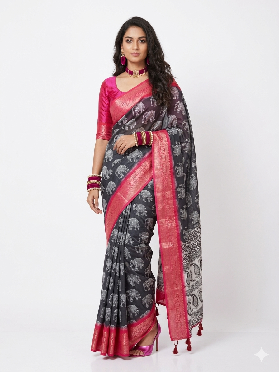 Black Soft Litchi Silk Saree