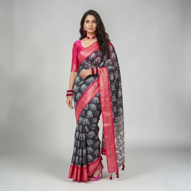 Black Soft Litchi Silk Saree