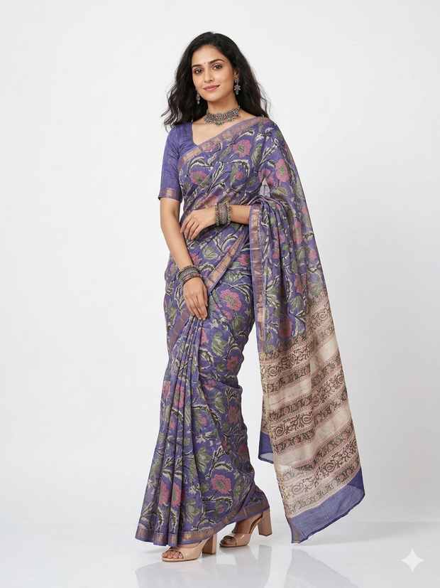 Purple Handblock Maheswari Silk Saree