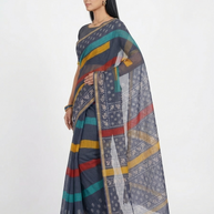 Blue Multi Stripe Kota Cotton Saree