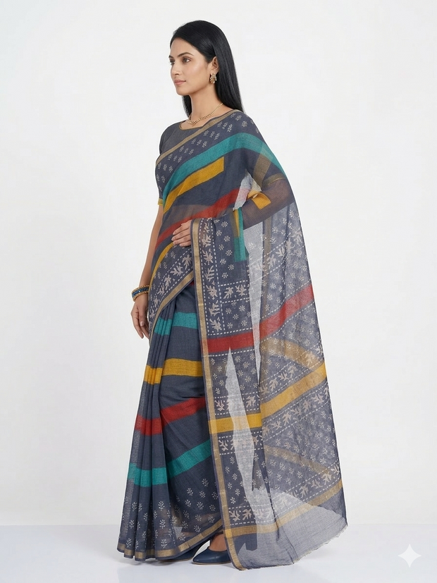 Blue Multi Stripe Kota Cotton Saree
